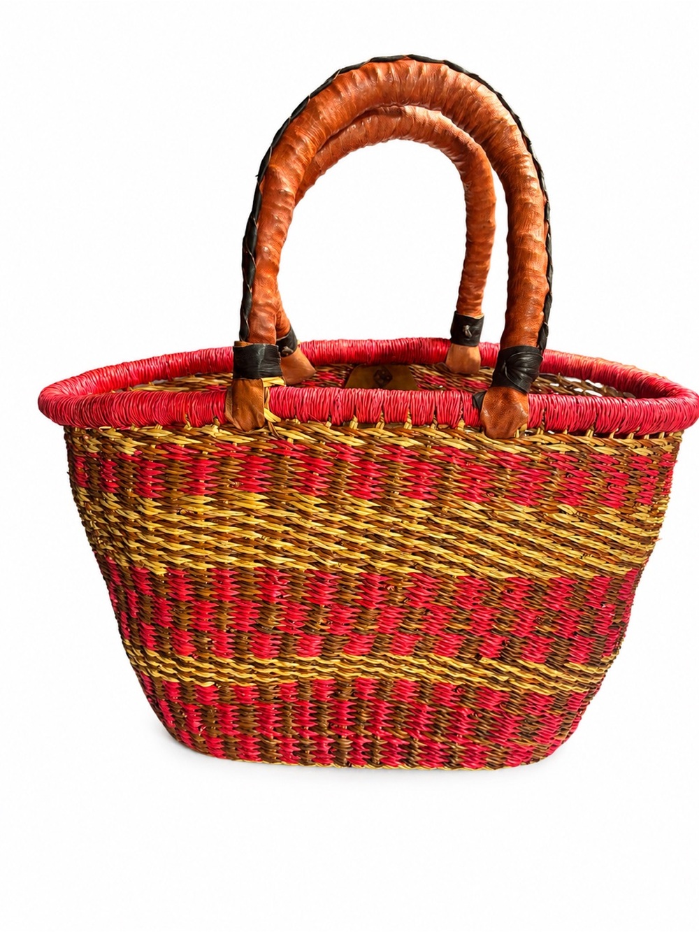 Alaffia Handmade Ghana Woven Market Basket Tote Leather Handles